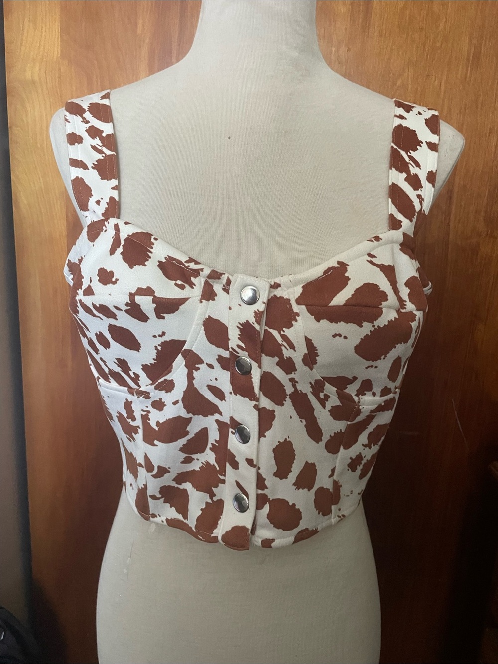Brown and White Printed Button-Front Crop Top